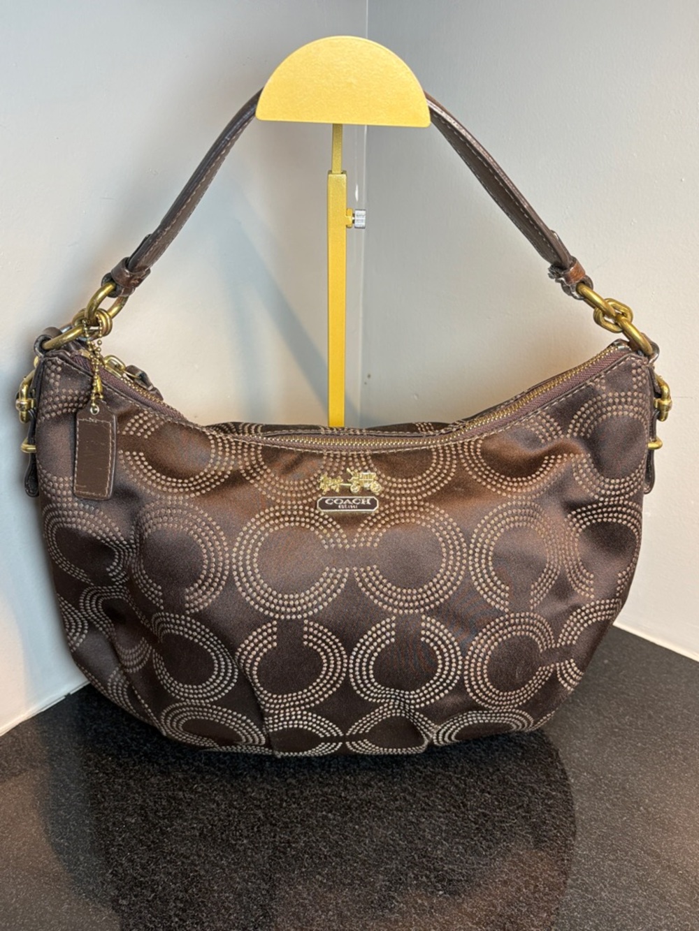 Coach Brown Signature Crescent Shoulder Bag with Gold Hardware